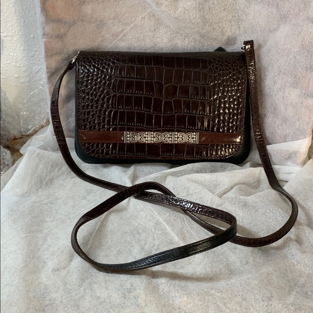 Vintage Brighton Black/Brown Leather Crocodile-Embossed  Fold Over Crossbody